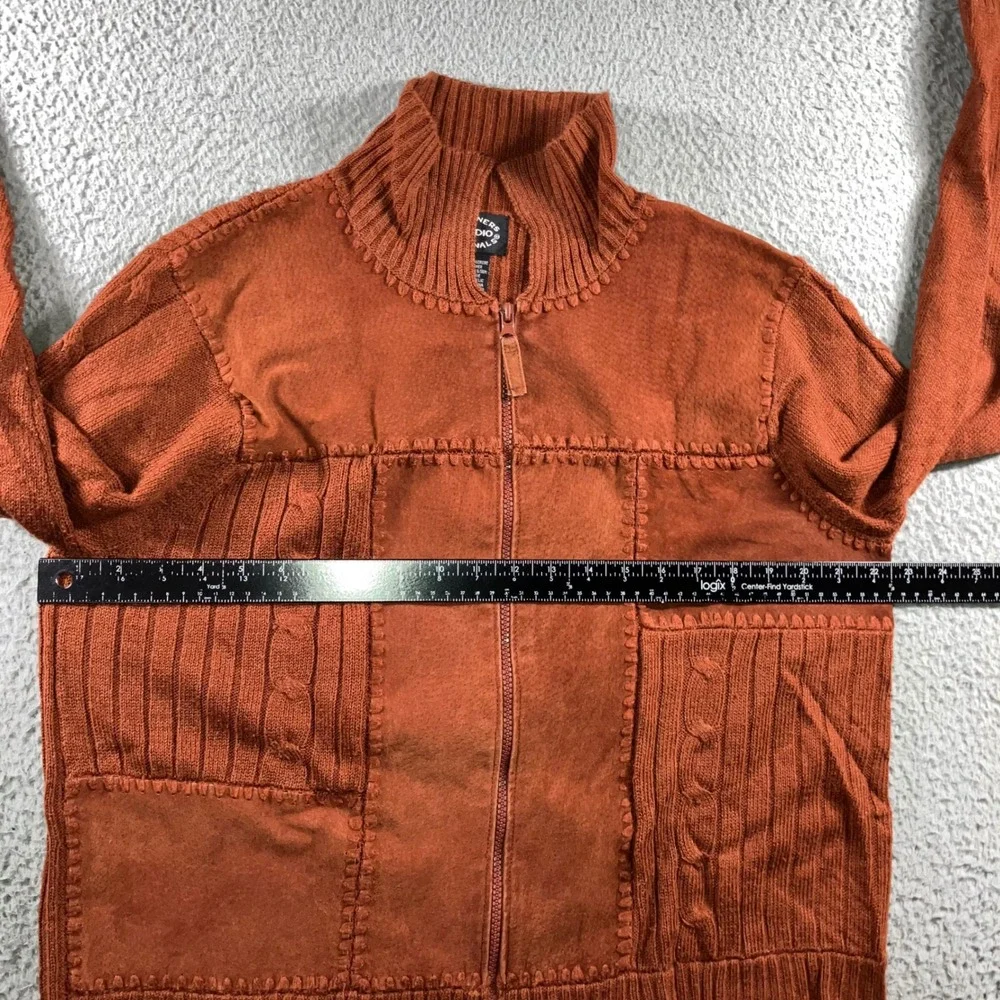 Vtg Leather Patchwork Sweater Mens L Rust Orange Knit‎ Two Way Zip Mock Neck y2k